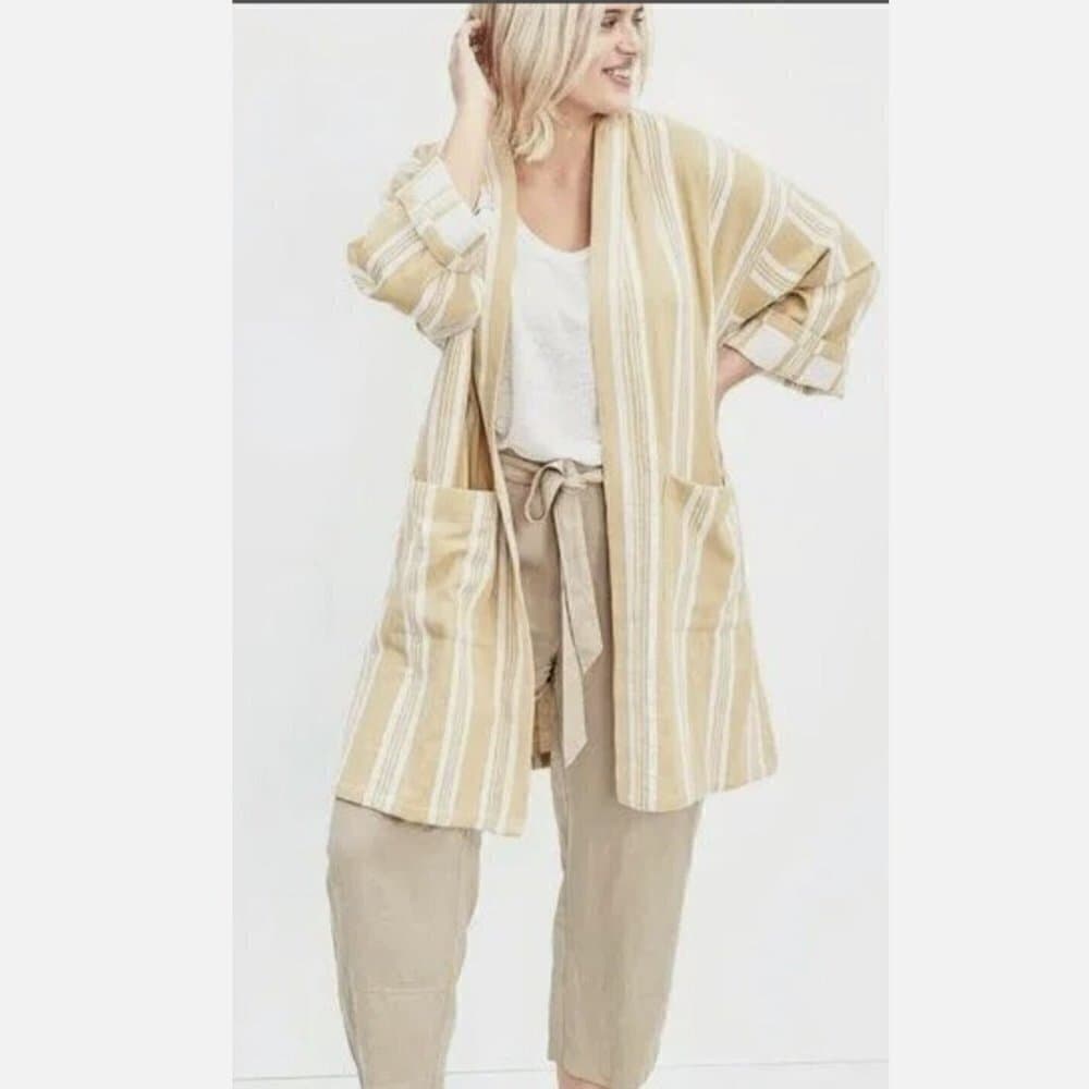 Eileen Fisher Oversize Striped Cotton Kimono Jacket Tan & White Size XXS/XS