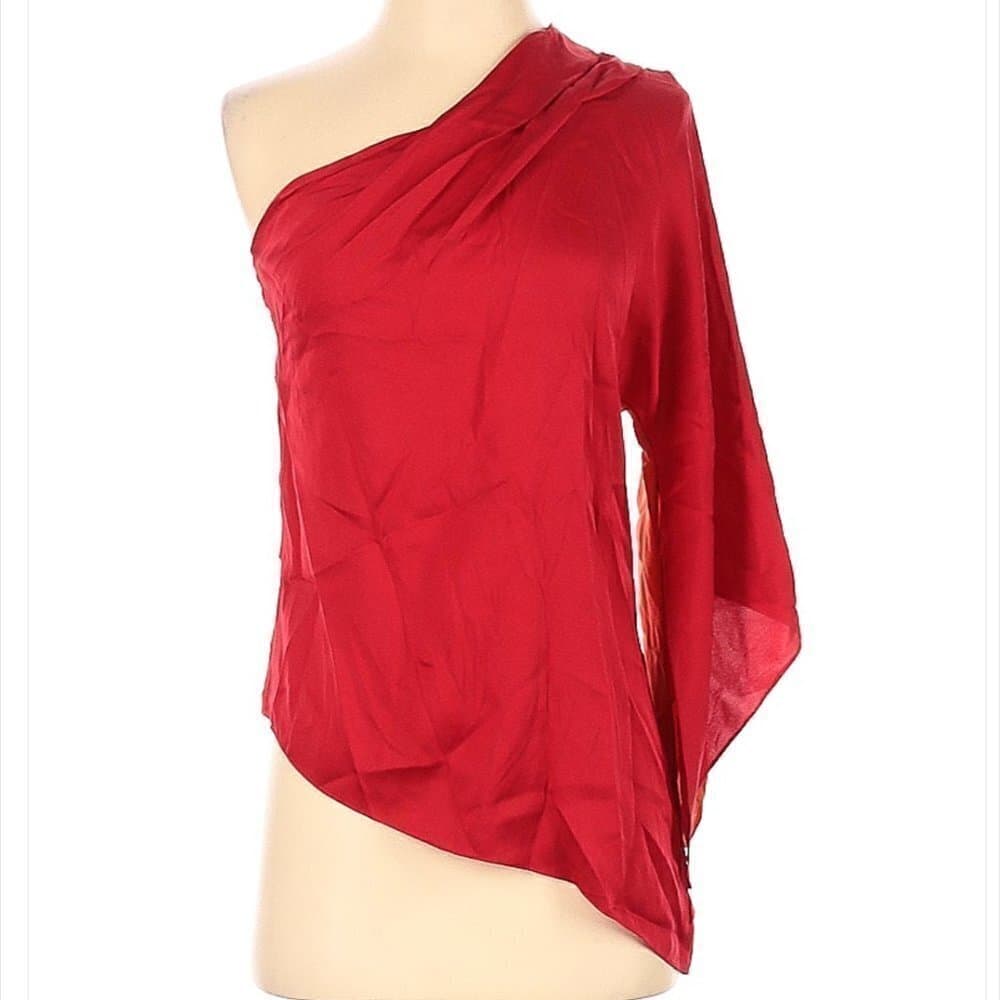 ELIE Tahari One Shoulder Long Sleeve Sexy Silk Red & Orange Top Size XS