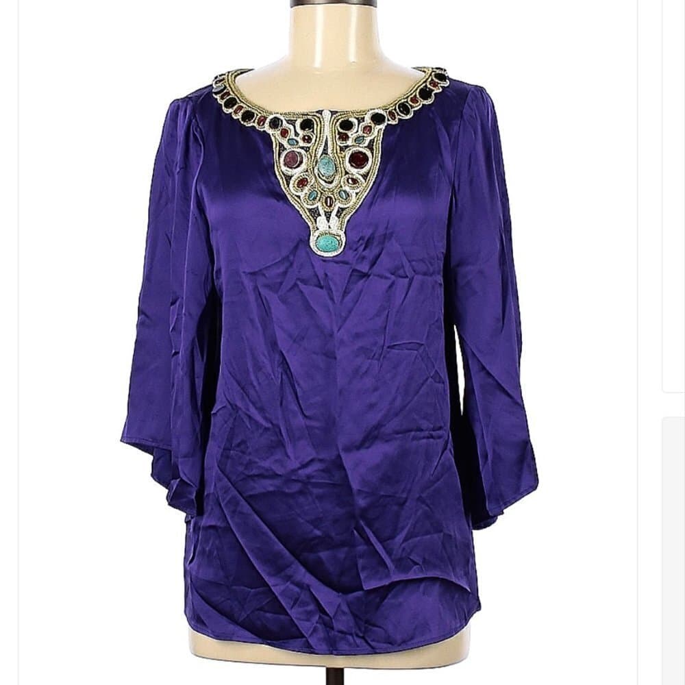 Catherine Malandrino Purple Beaded 3/4 Sleeve Silk Top Size 8