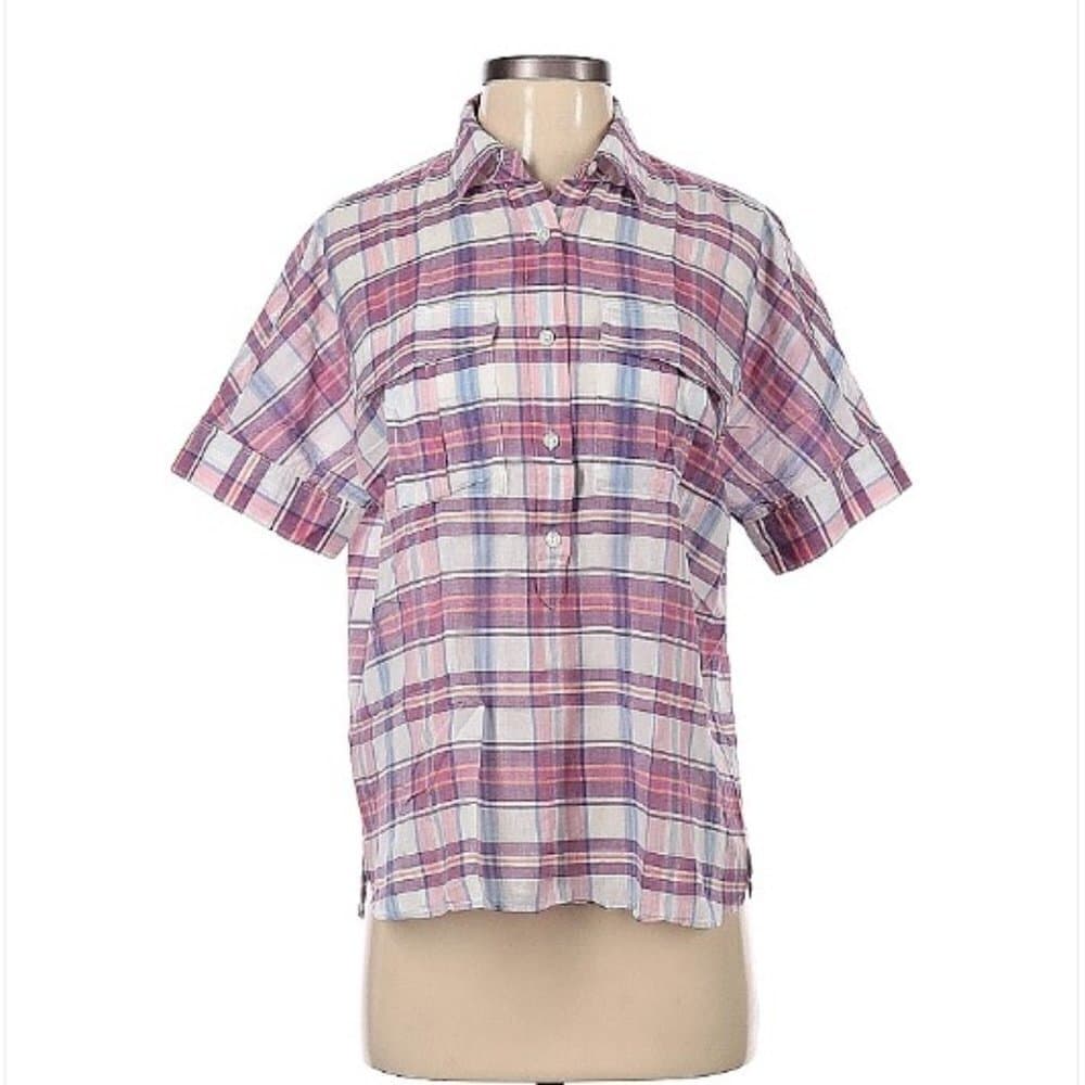 J.CREW Short Sleeve Purple & White Preppy Plaid Cotton Henley Size 2