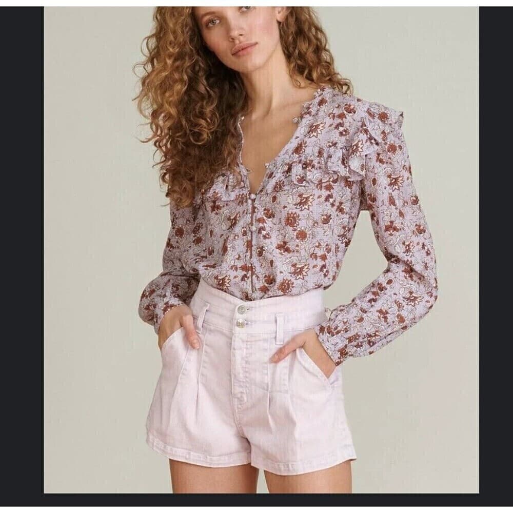 Veronica Beard Jaylen High Waist Pleated Denim Shorts 31/12 Purple Cottagecore