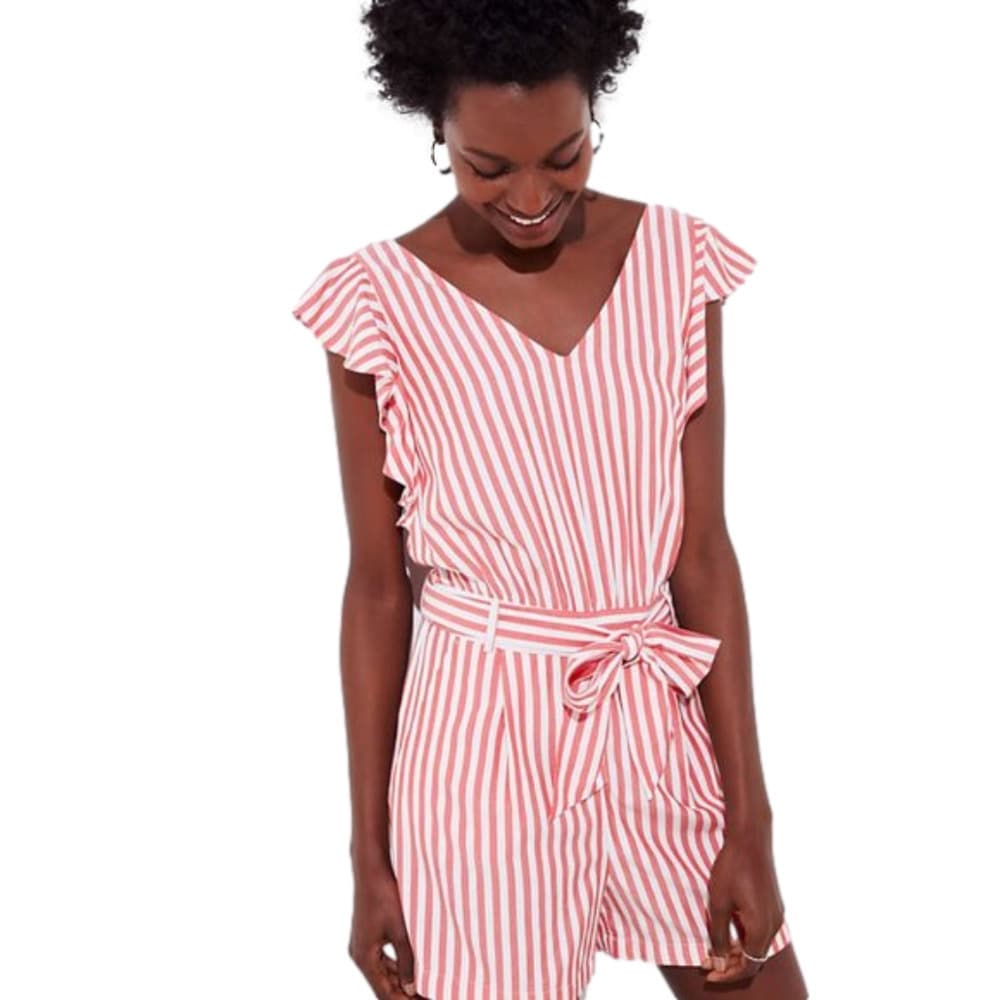 ANN Taylor Loft Size 10P Romper Sleeveless Ruffle Tie Summer Coastal Spring