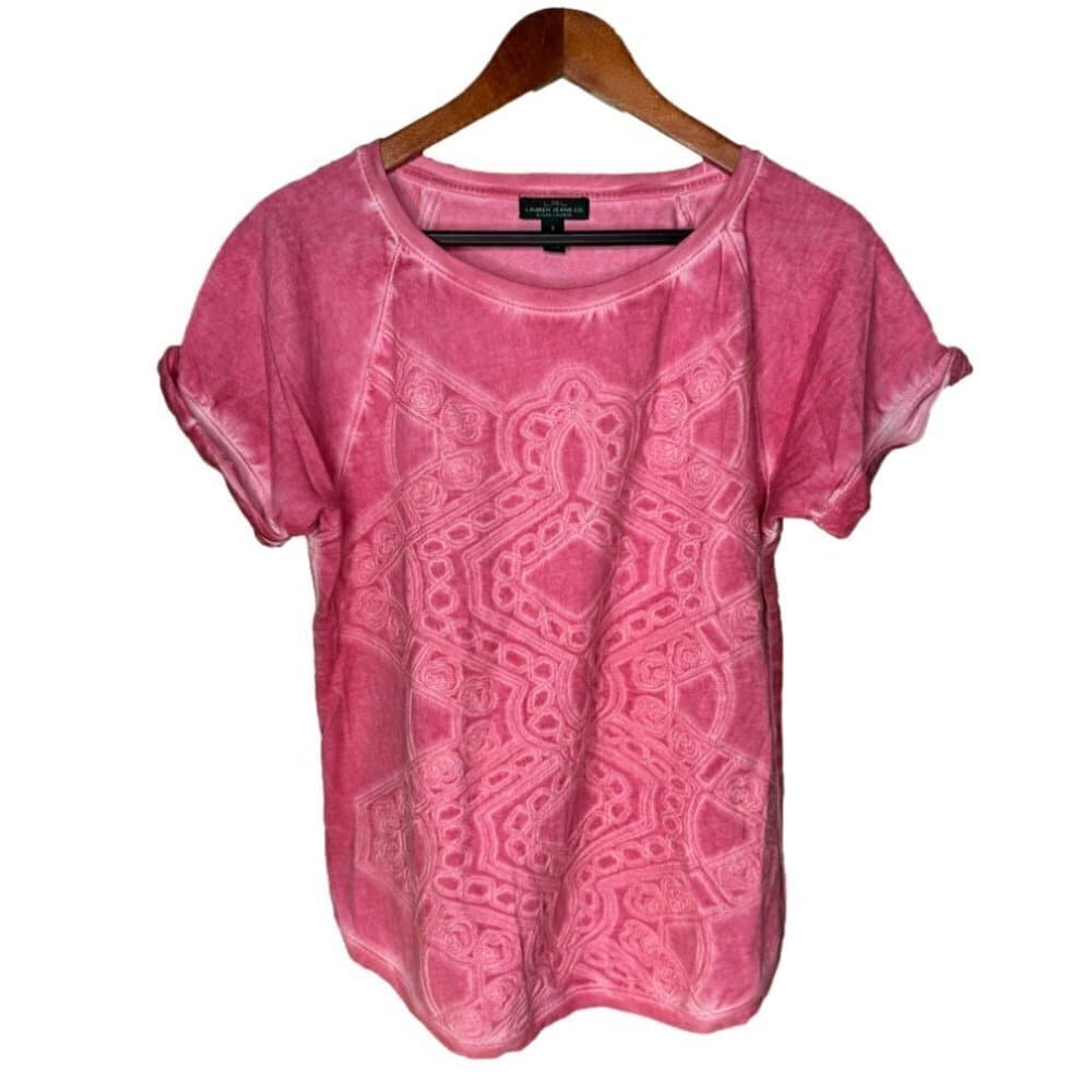 LRL Lauren Jeans Co. Pink Embroidered Short Sleeve Top Size S