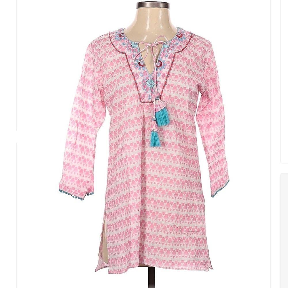 Bella tu pink & blue long sleeve tassel tunic blouse size S