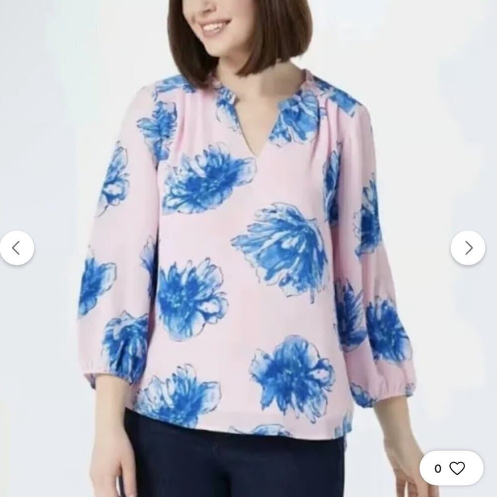 Gibson Ruffle Neck Pink & Blue Floral Lined Blouse Size 1X
