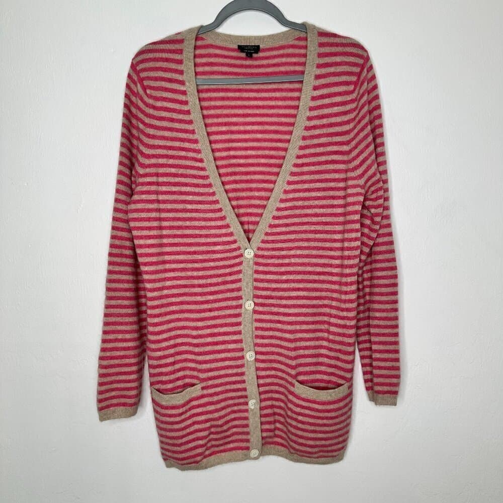 Talbots 100% Cashmere Cardigan Sweater Striped Long Sleeve V-Neck Size Large L