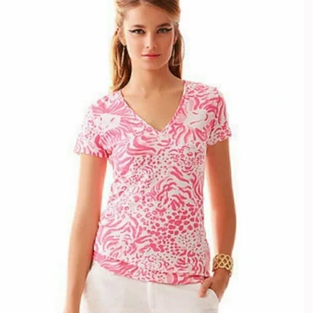 Lilly Pulitzer Pink & White Short Sleeve Michelle Lion Top Size S