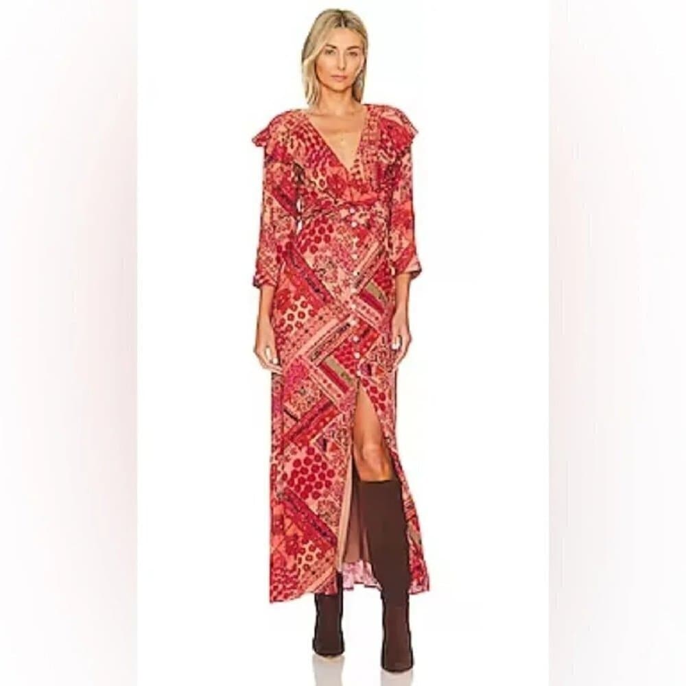 Free People Orange Patterned Lennon Button Down Ruffle Maxi Dress Size S NEW