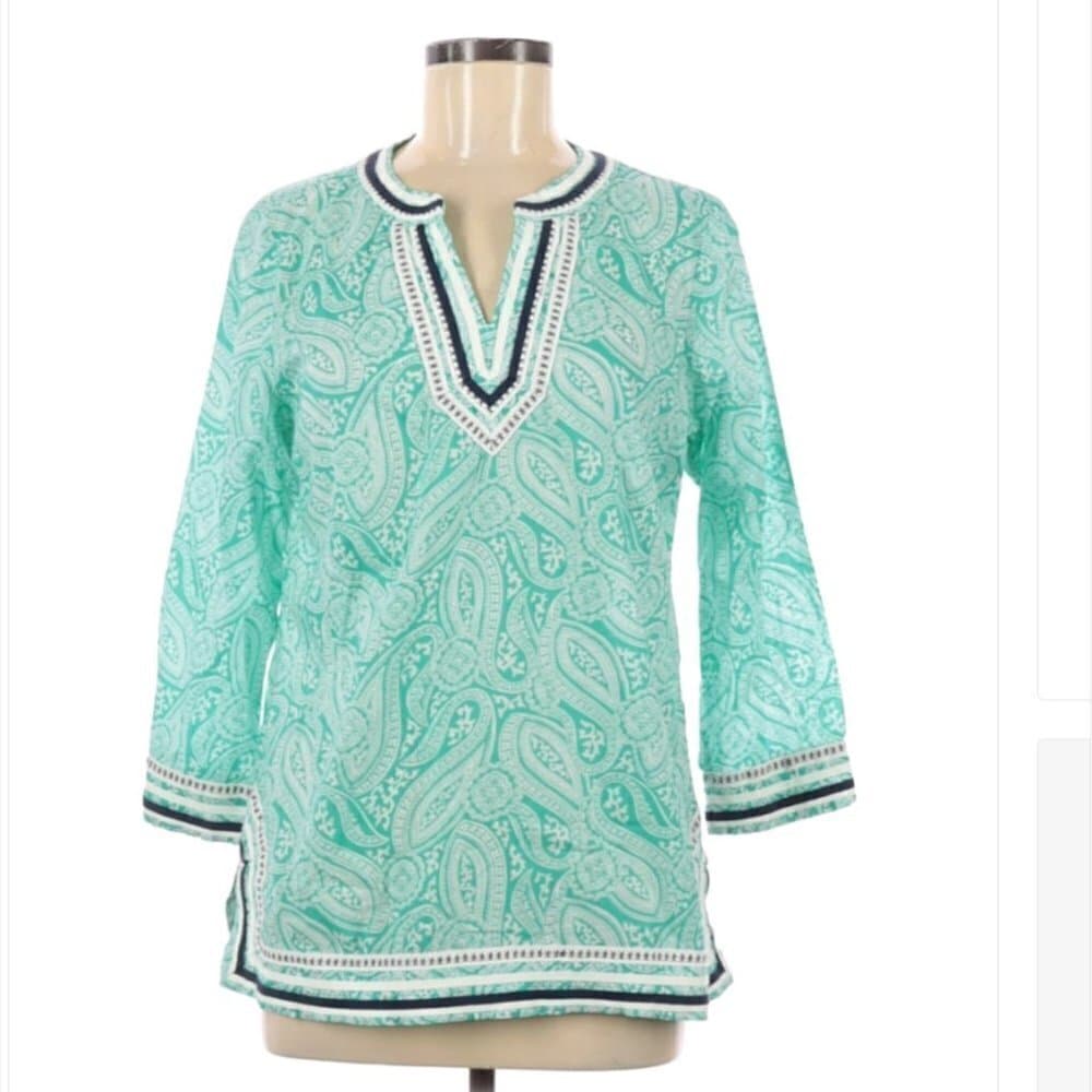TALBOTS Green Paisley Long Sleeve Blouse Tunic Size M Coastal Cottagecore Preppy