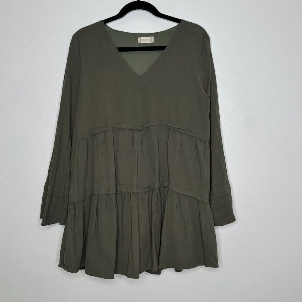 Altar'd State Long Sleeve Green Ruffle Tired Mini Dress Size L