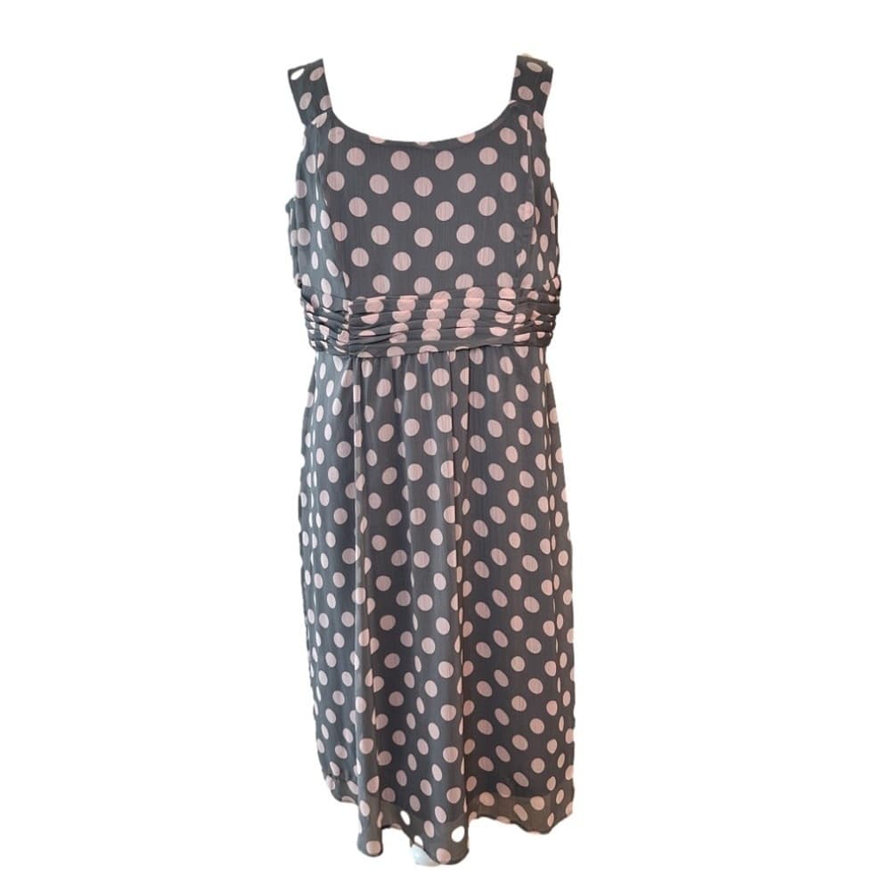 LE Bos Size 16 Dress Sleeveless Gray & Pink Polka Dot Summer Spring