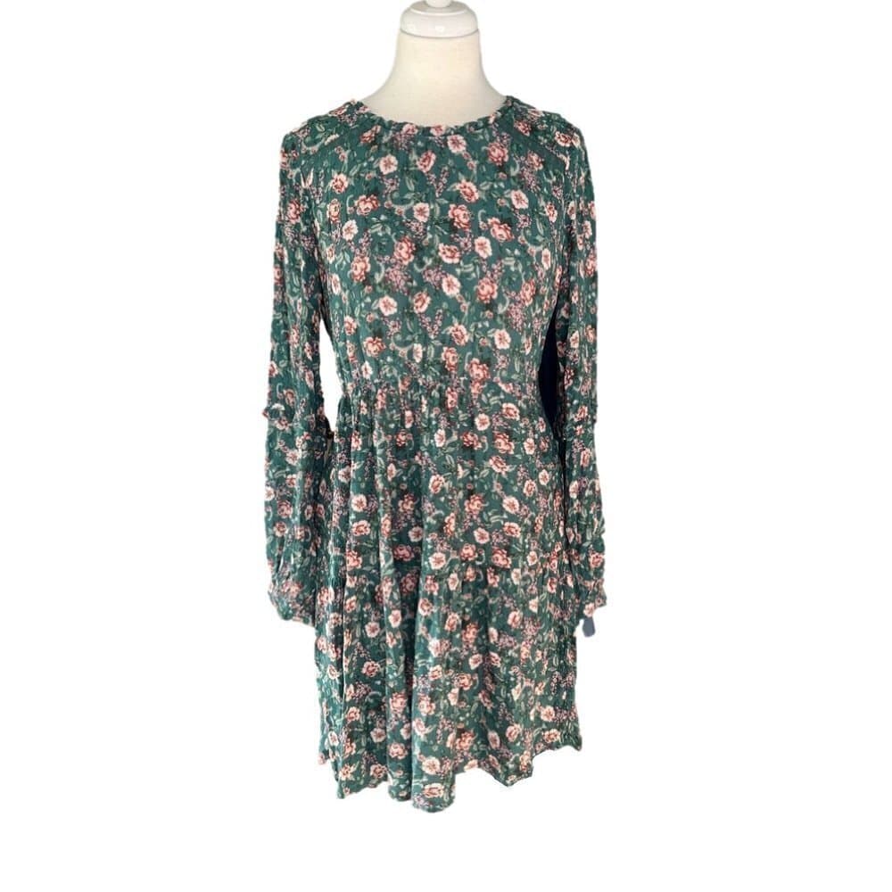 HALEY London Made With Care Green Floral Tiered Long Sleeve Dress Size M