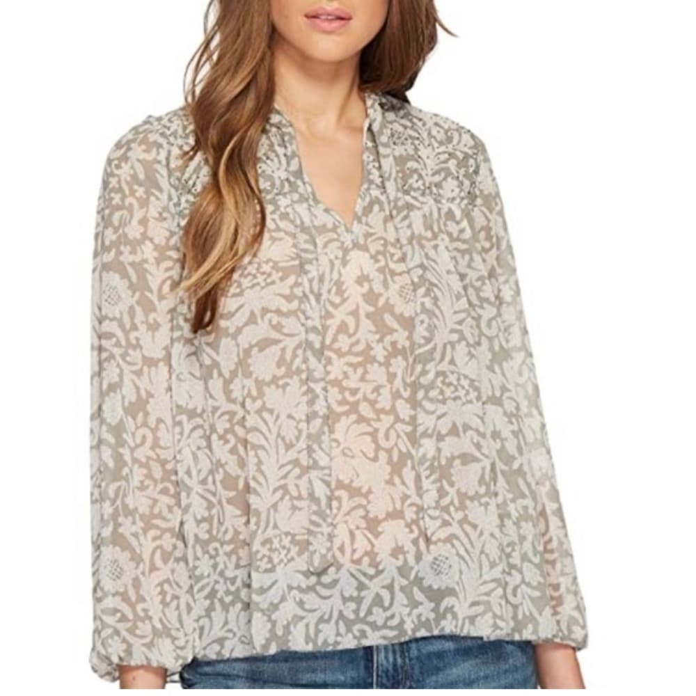 LUCKY Brand Gray & White Sheer Long Sleeve Blouse Size S Peasant Cottage…