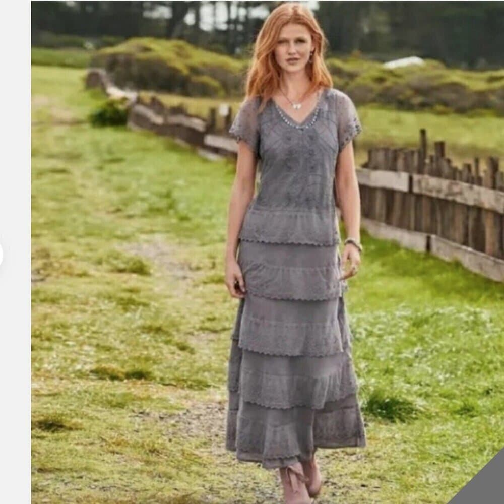Sundance Fluttering Heart Tiered Lace Maxi Dress Sz 2 Linen Embroidered Boho