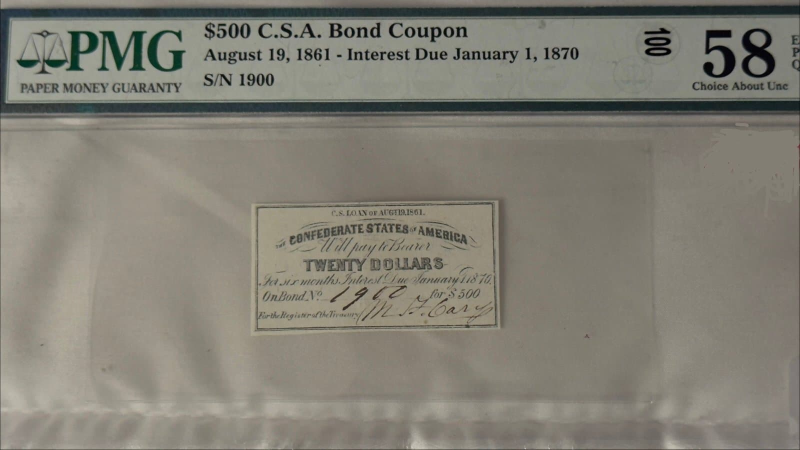 1861 Confederate States of America $500 Bond Coupon — PMG 58 EPQ