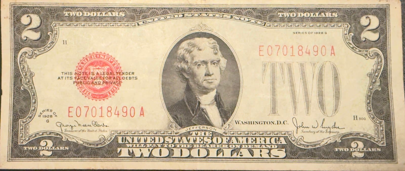 Title: 1928-G $2 Red Seal Note w/ Reverse Ink Transfer