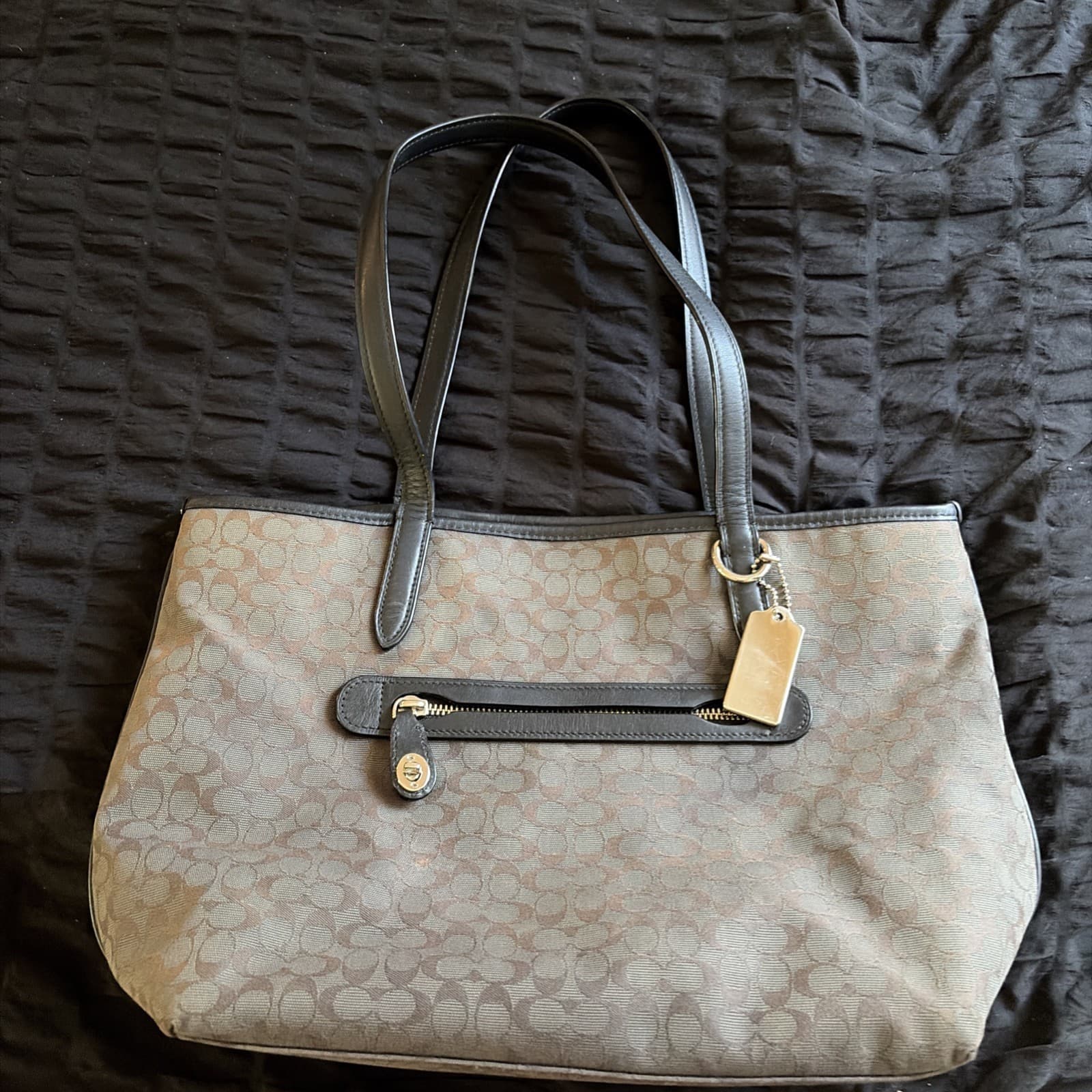 Auth COACH #79579 Signature Taylor Tote, Black & Gray Jaquard with Leather Trim
