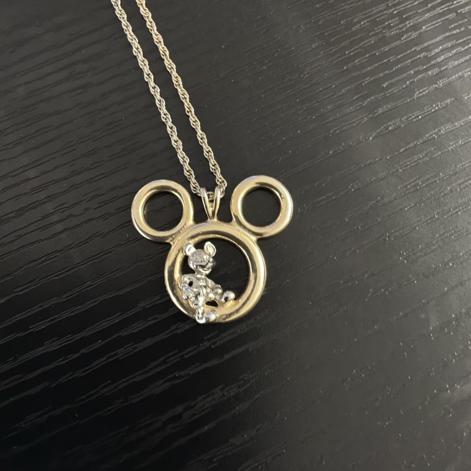 Vintage DISNEY Open MICKEY Logo GOLD Tone w SILVER Mickey Mouse PENDANT Necklace