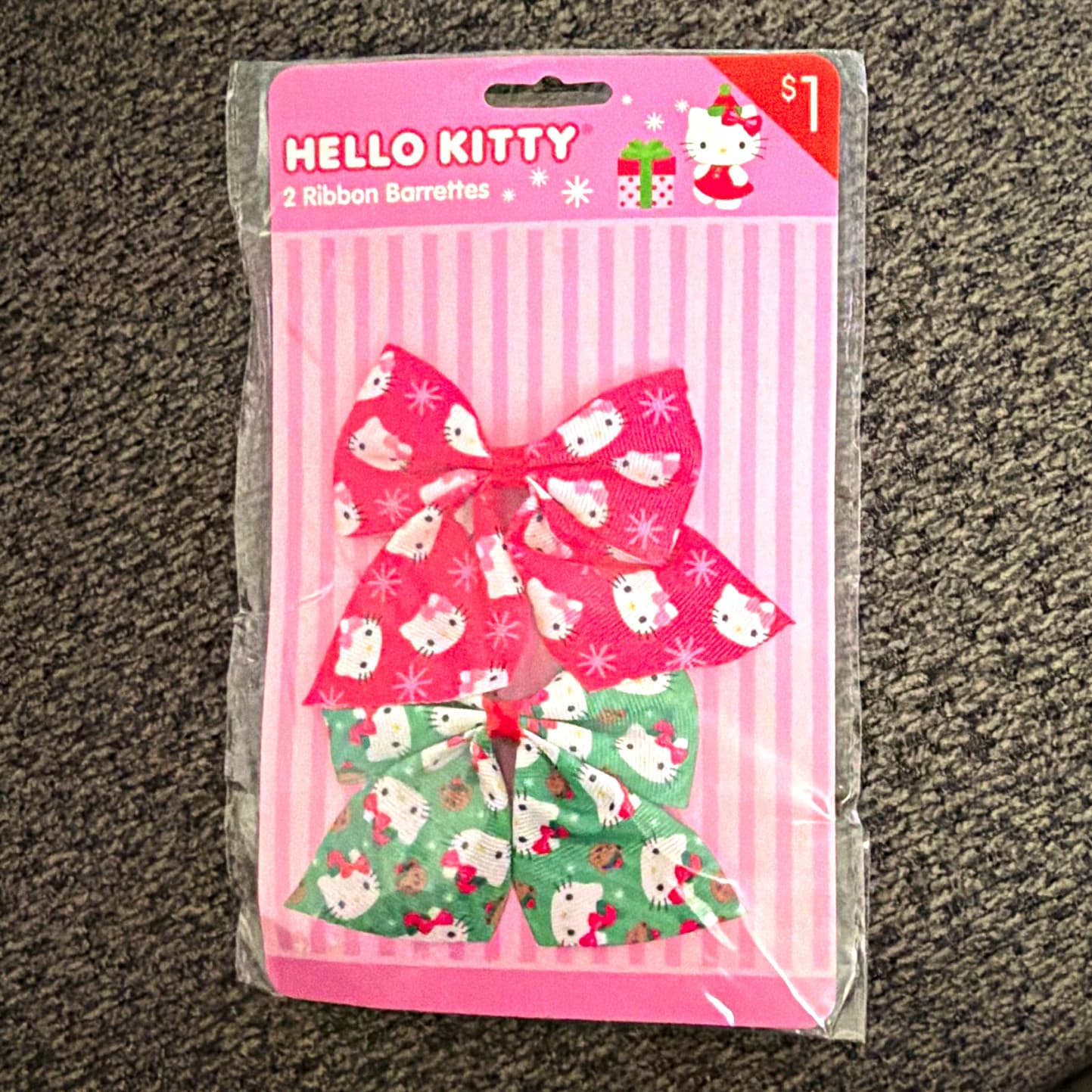 Hello Kitty Girls Ribbon Barrettes Set of 2 Pink Green Bow Printed Grosgrain
