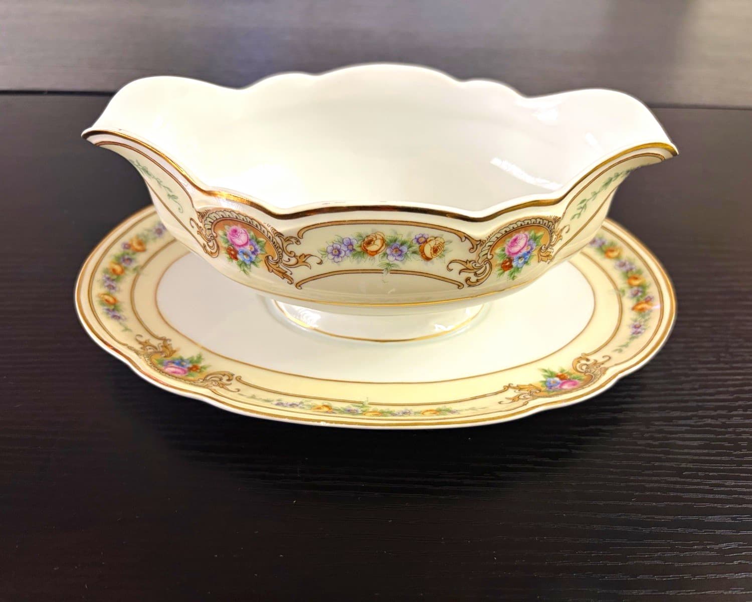 Vintage Black Knight Porcelain Floral Gravy Boat Set w Underplate, Gold Trim