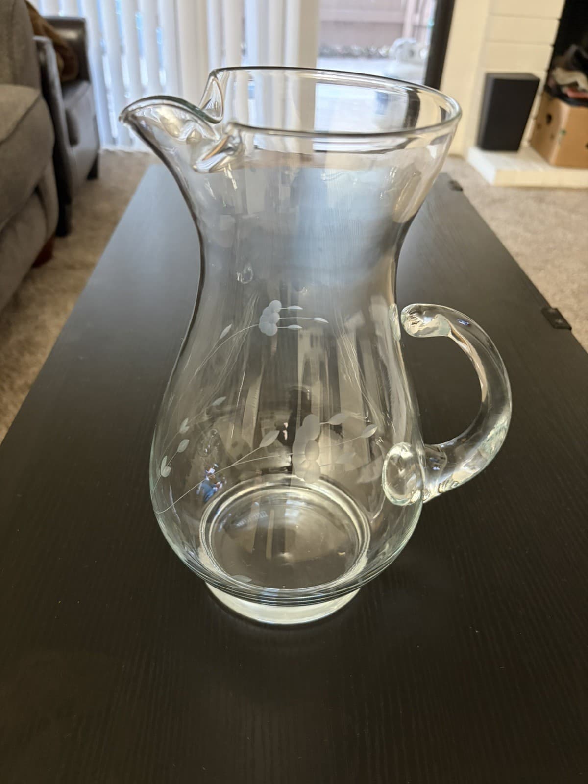 Vintage Princess House Heritage Etch Glass Pitcher 72oz 10" Tall Floral Crystal
