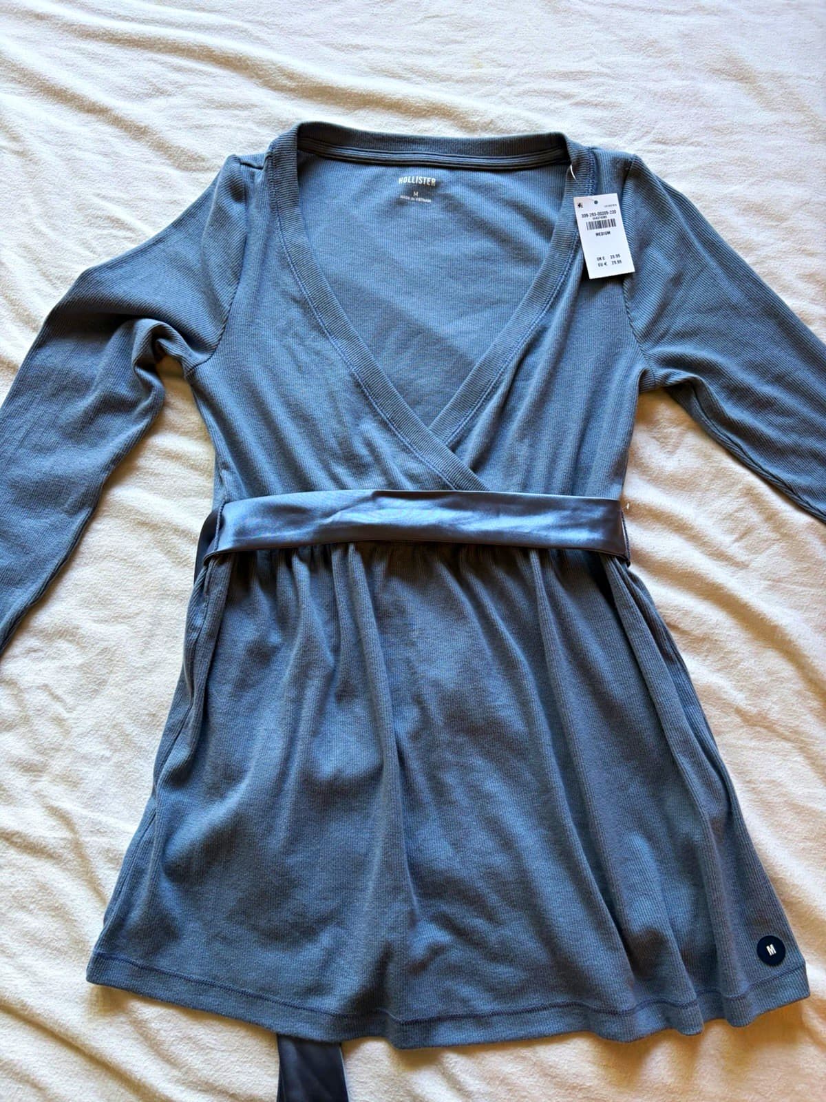 Hollister Women’s Solid Blue Knit Cotton V-Neck Long Sleeve Belted Tunic M
