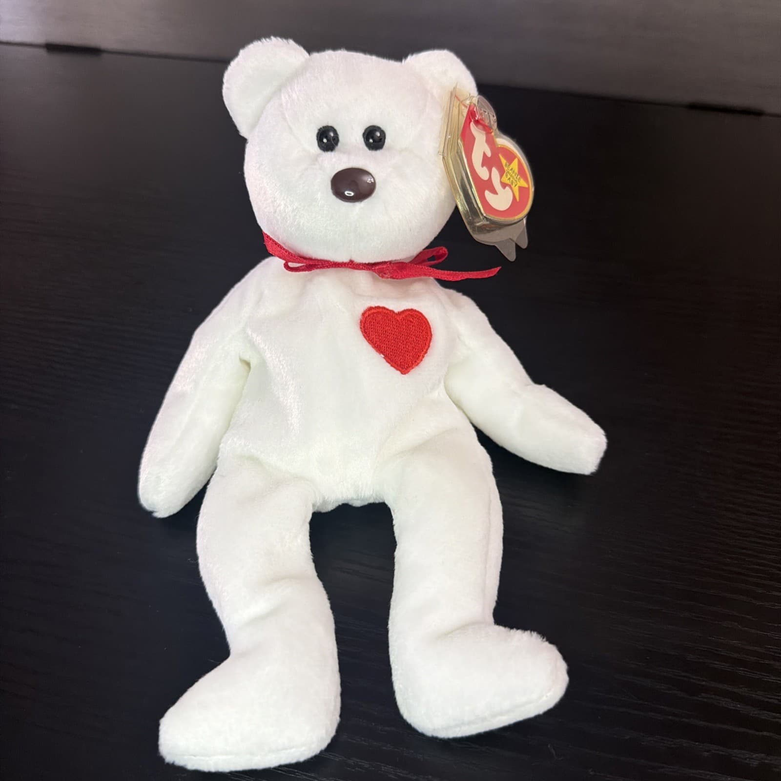 TY Beanie Baby - VALENTINO the White Bear W/red Heart (8.5 inch) - MWMT's