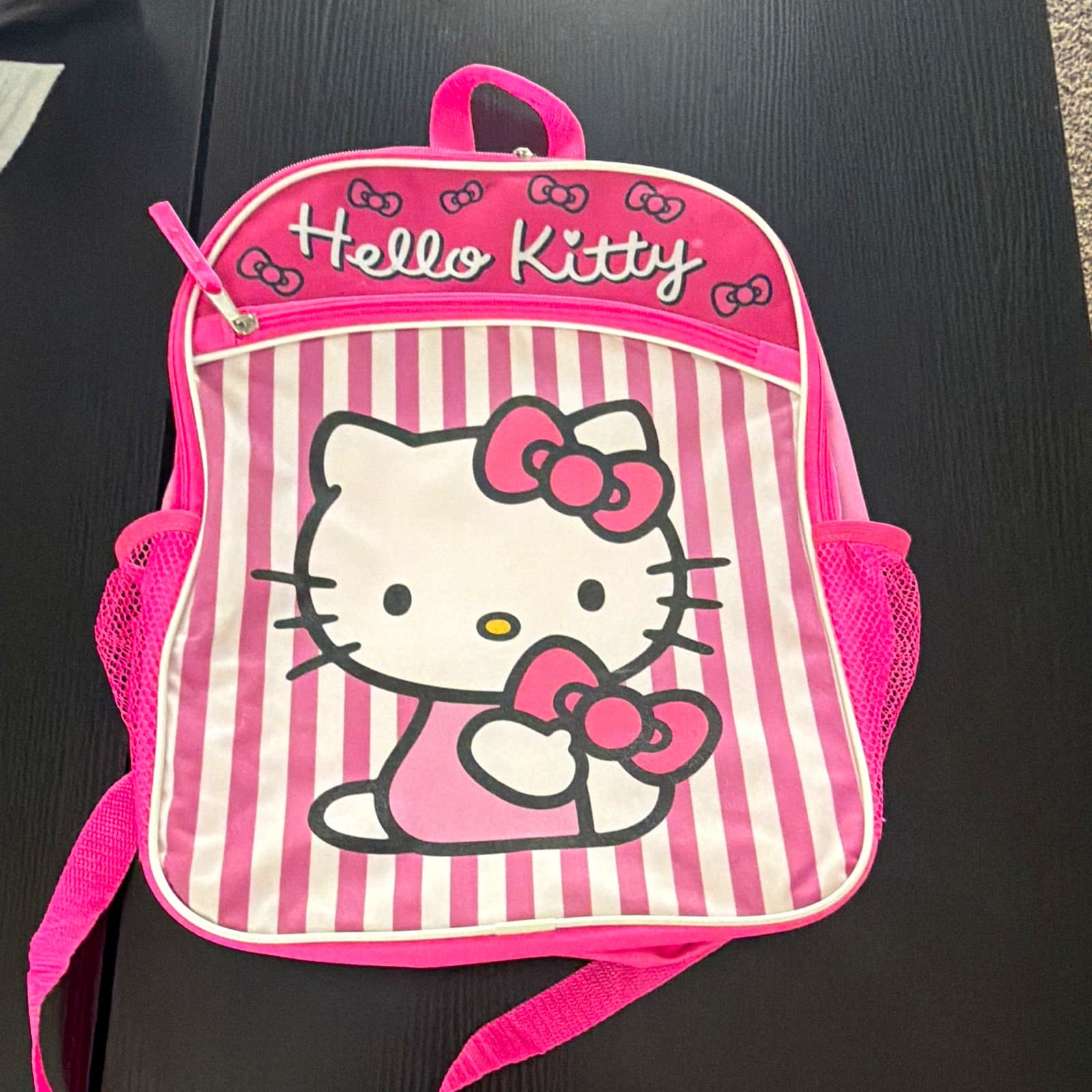 Hello Kitty Small Pink & White Striped Polyester Zip Backpack, Adjustable Strap