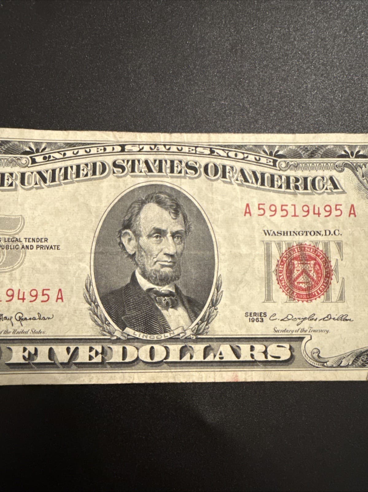 1963 $5 United States Note Red Seal Fr 1536 Legal Tender Granahan Dillon XF