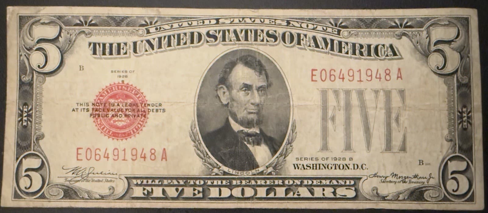 1928B $5 United States Note Red Seal Legal Tender Julian Morgenthau Fr 1527