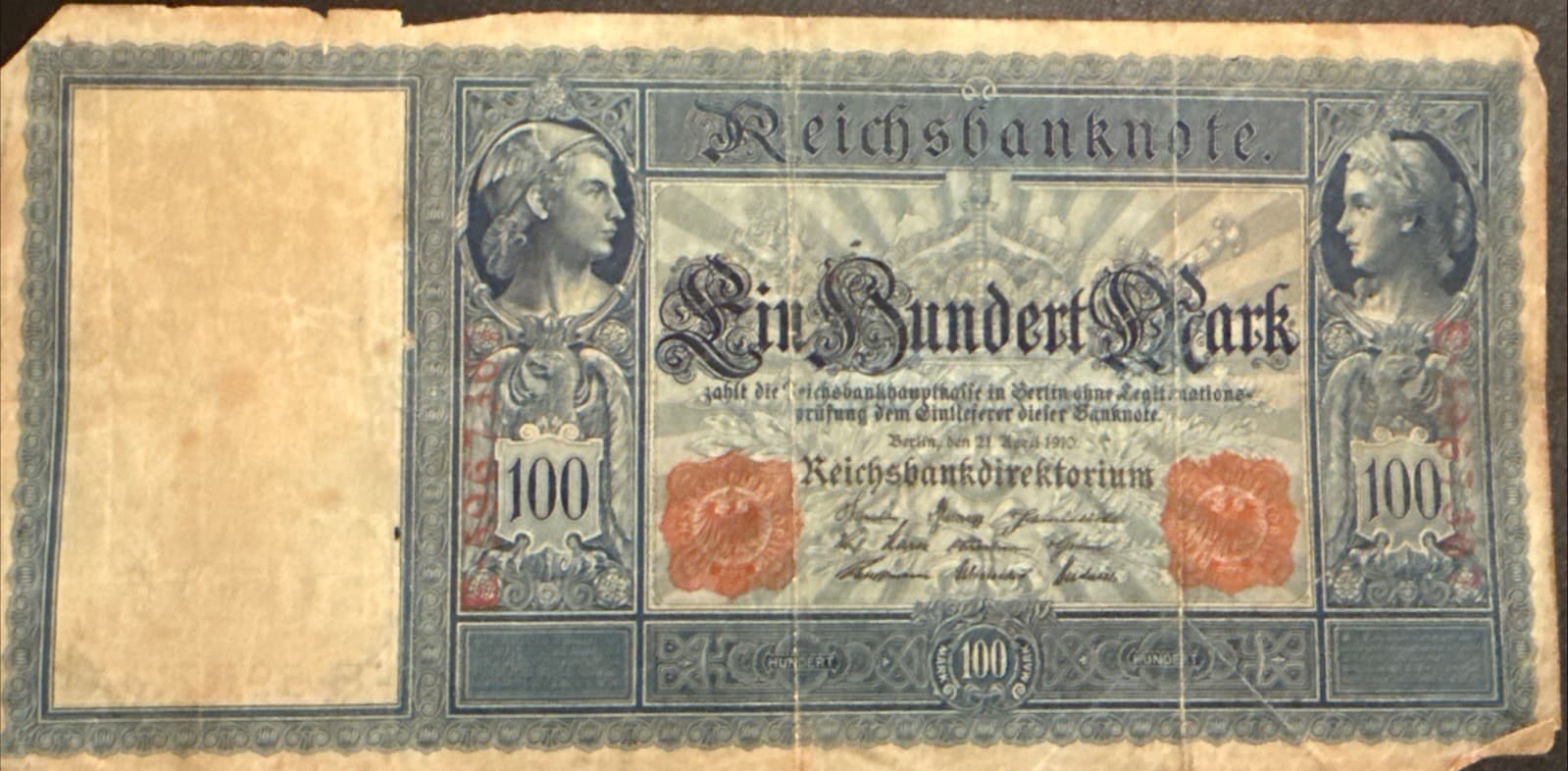 1910 Germany 100 Mark Reichsbanknote P-42 German Empire WWI Era Banknote Poor