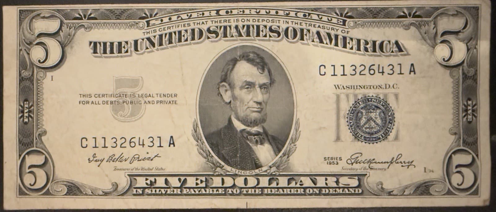 1953 $5 Silver Certificate Blue Seal Fr 1655 Priest Humphrey C-A Circulated