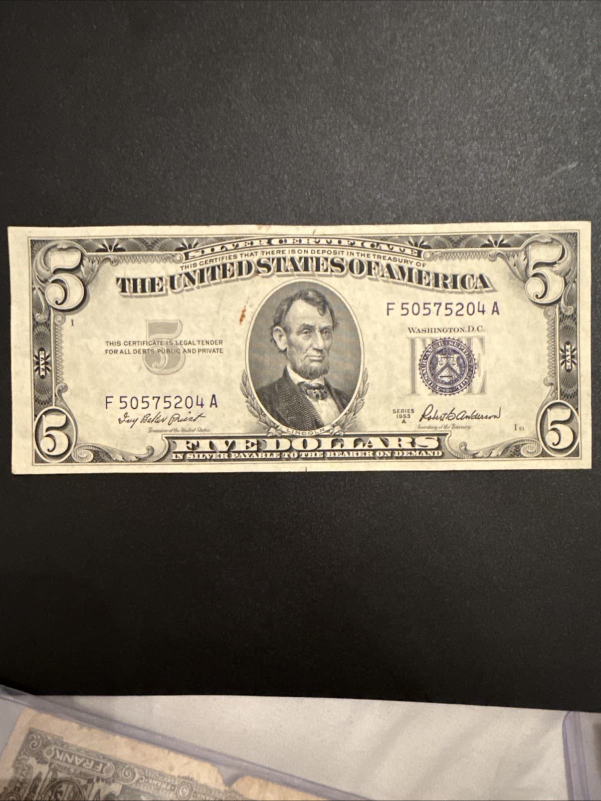 1953A $5 Silver Certificate Blue Seal Fr 1656 Priest Anderson Note - AU
