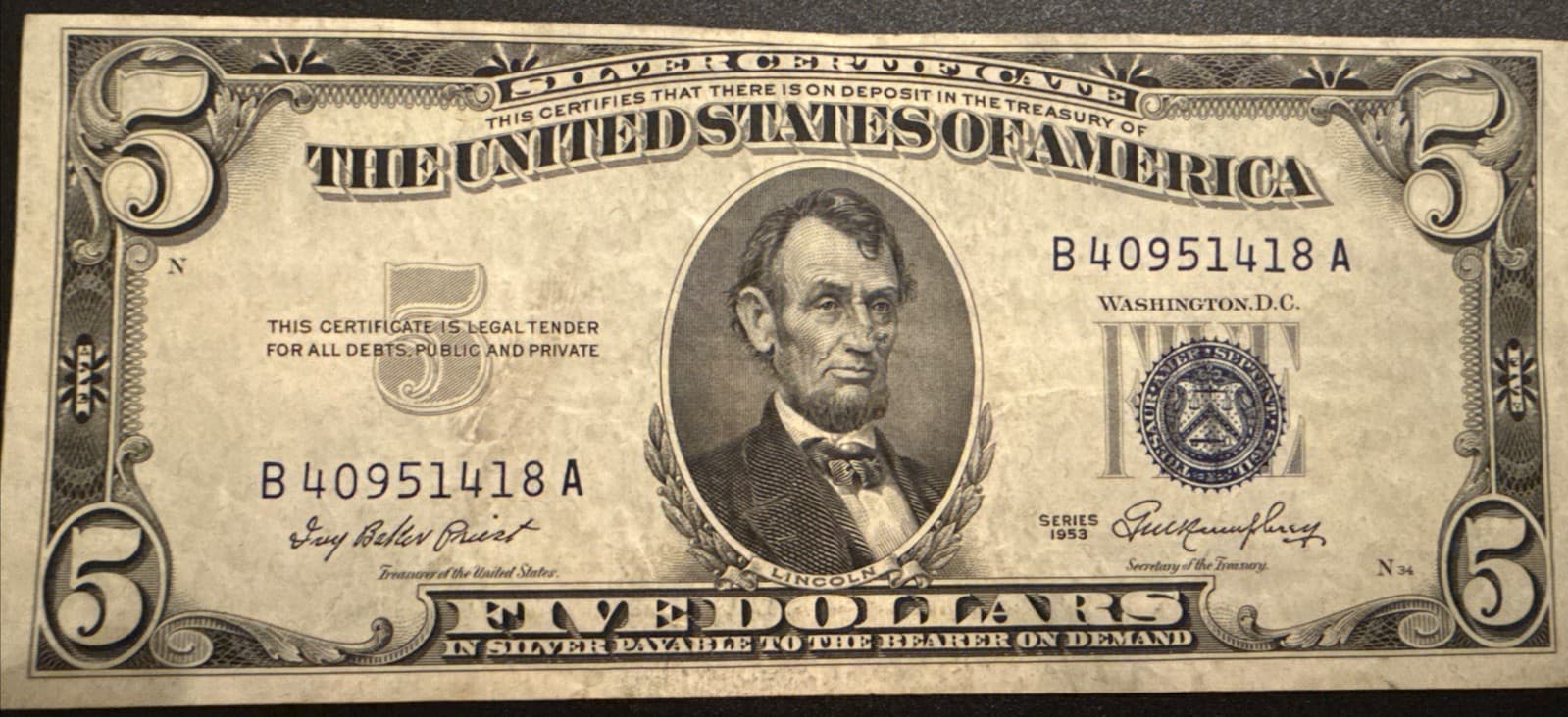 1953 $5 Silver Certificate Blue Seal Fr 1655 Fine VF20 Minor Misalignment