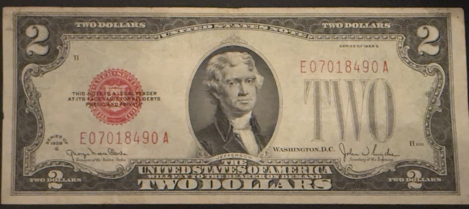 1928G $2 United States Note Red Seal Fr 1508 Clark Snyder Legal Tender