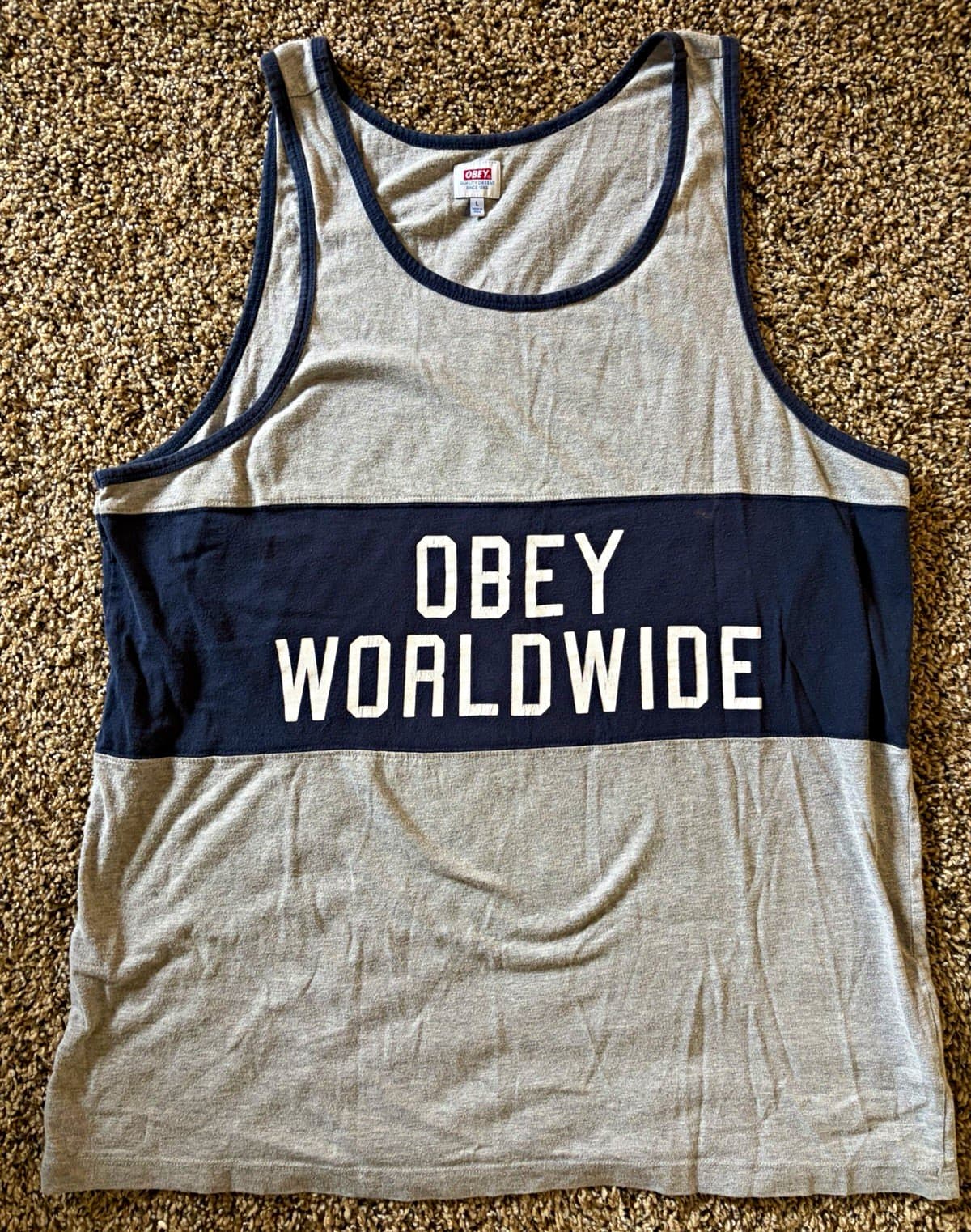 OBEY Colorblock Gray/Blue Logo Tank Top Men's Round Neck Sleeveless Size L