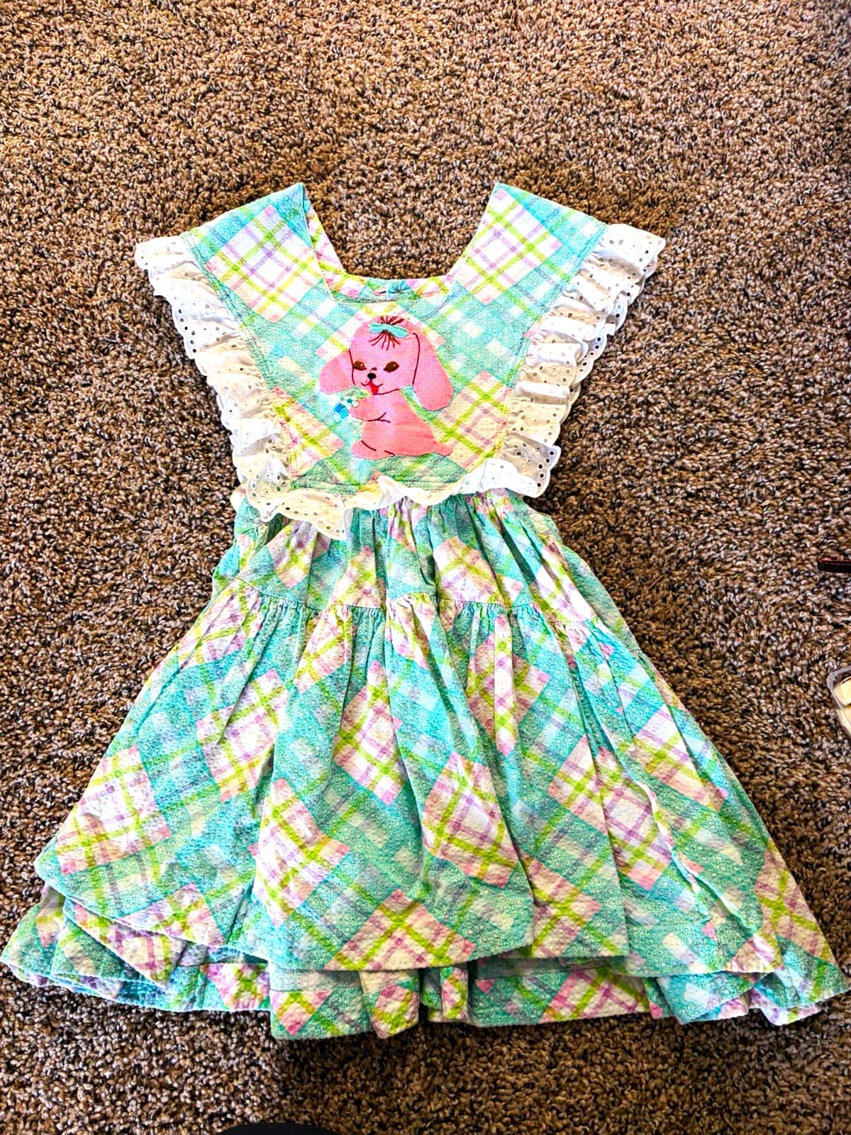 Vintage Girls 2T/3T Plaid Bunny Smocked Ruffle Lace Dress Easter