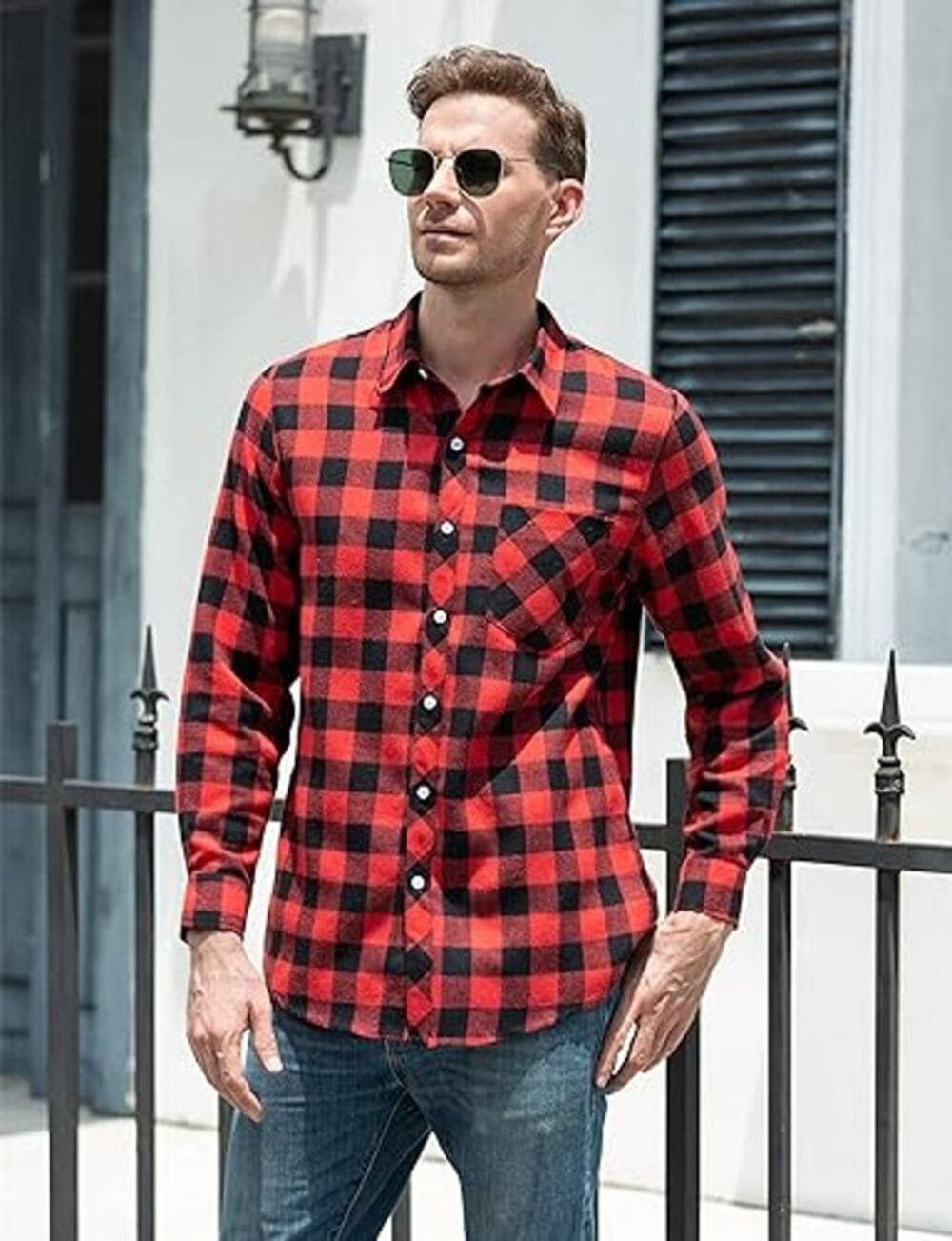 SANGTREE Men Long Sleeve Flannel Plaid Casual Shirts Red/Black- Med - NWT & NIP