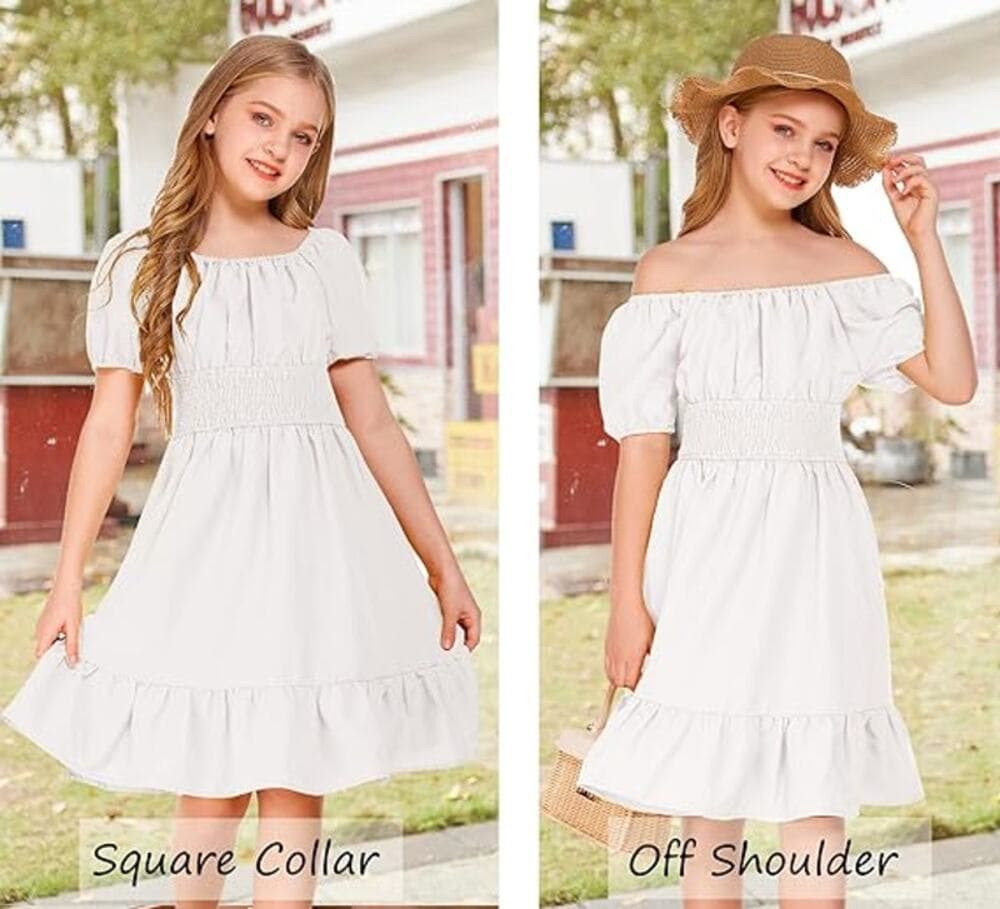 Arshiner Girls Short Sleeve Ruffle Hem Off Shoulder Tie Back Dress - 14 Year