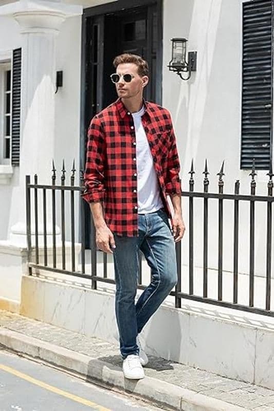 SANGTREE Men Long Sleeve Flannel Plaid Casual Shirts Red/Black- Med - NWT & NIP - M - Tops - new-with-tags - SANGTREE