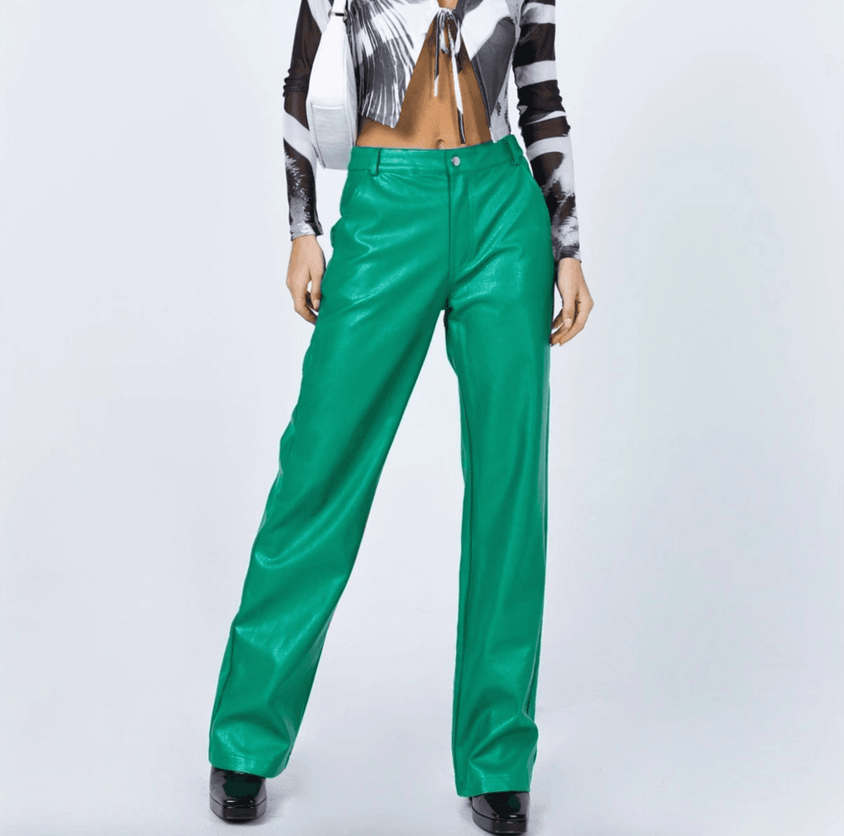 Princess Polly Ashlea Green Pants Womens Size 2 PU Vegan Leather Flare Bareback