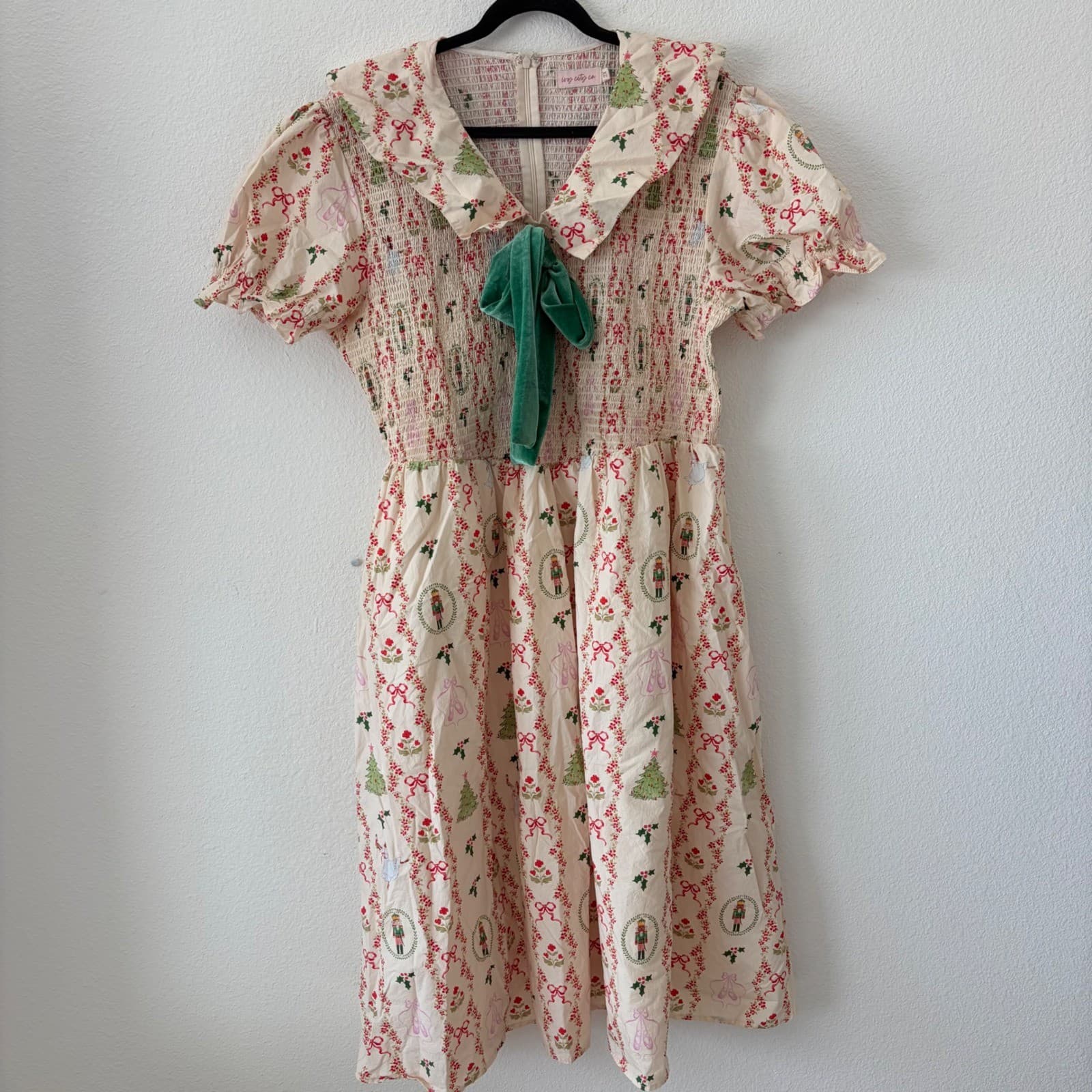 Ivy City Co Nutcracker Yuletide Dress Women 2X Cream Christmas Smocked Midi Bow