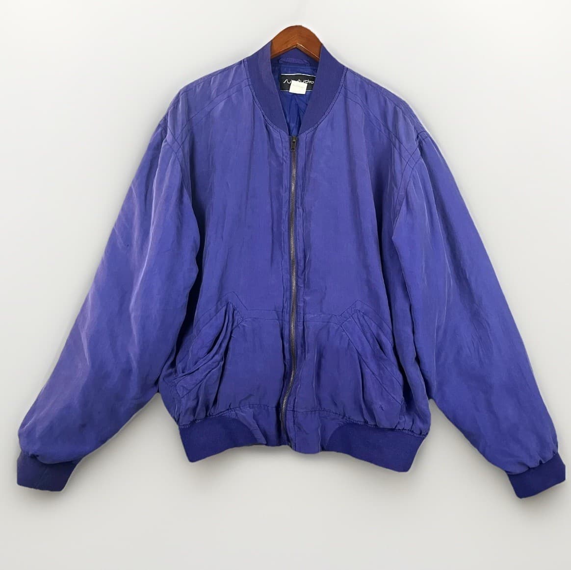 Vintage Substudio Womens Large Blue Bomber Jacket Lightweight 100% Silk Zip Up