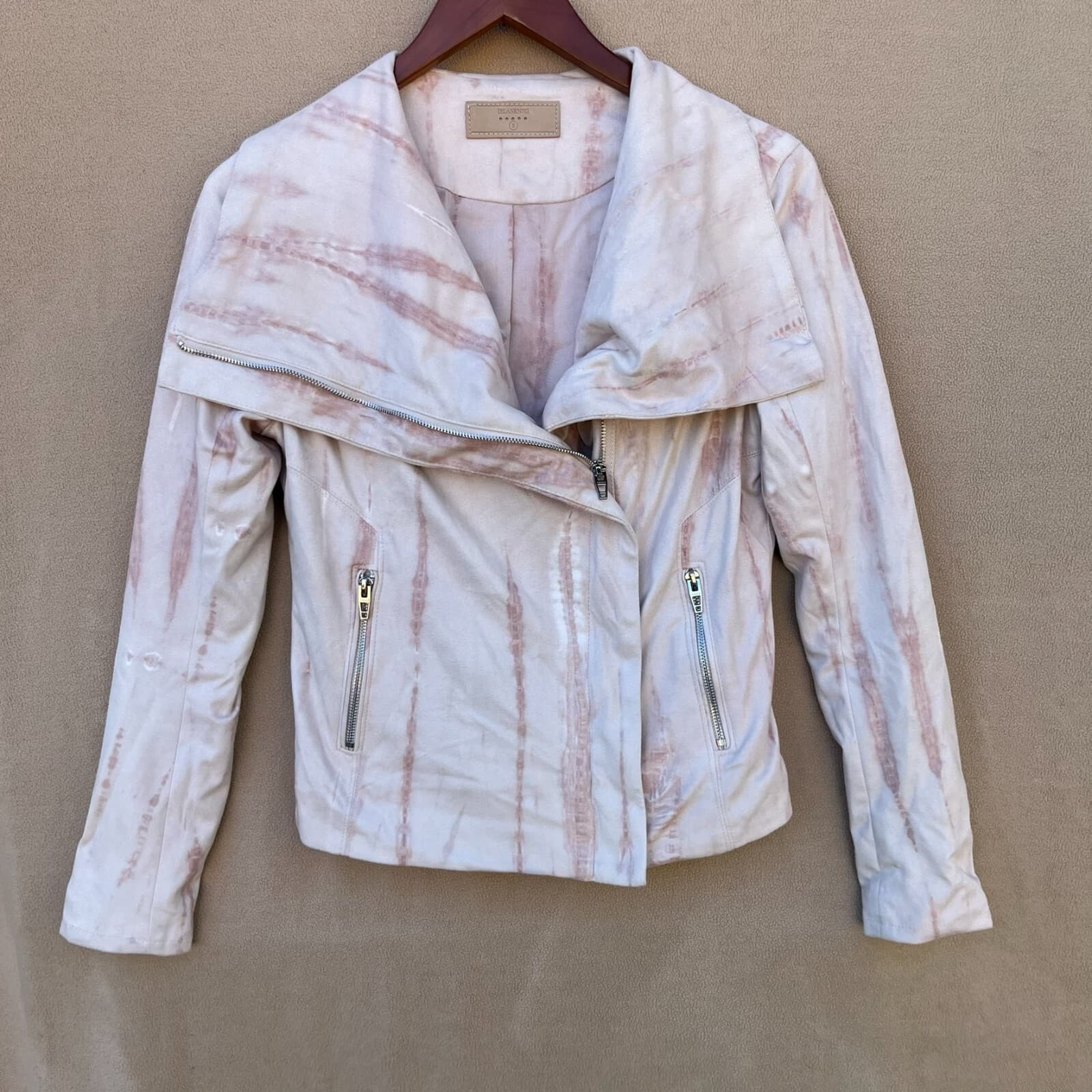 Blank NYC Pink Tie SMALL Feminine Moto Jacket Marble Faux Suede Draped Front Zip