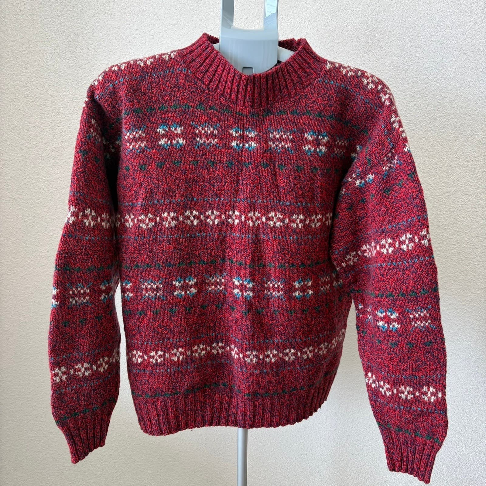 American Eagle Sweater Women Large Red Fair Isle Wool Blend Vintage Mock Neck
