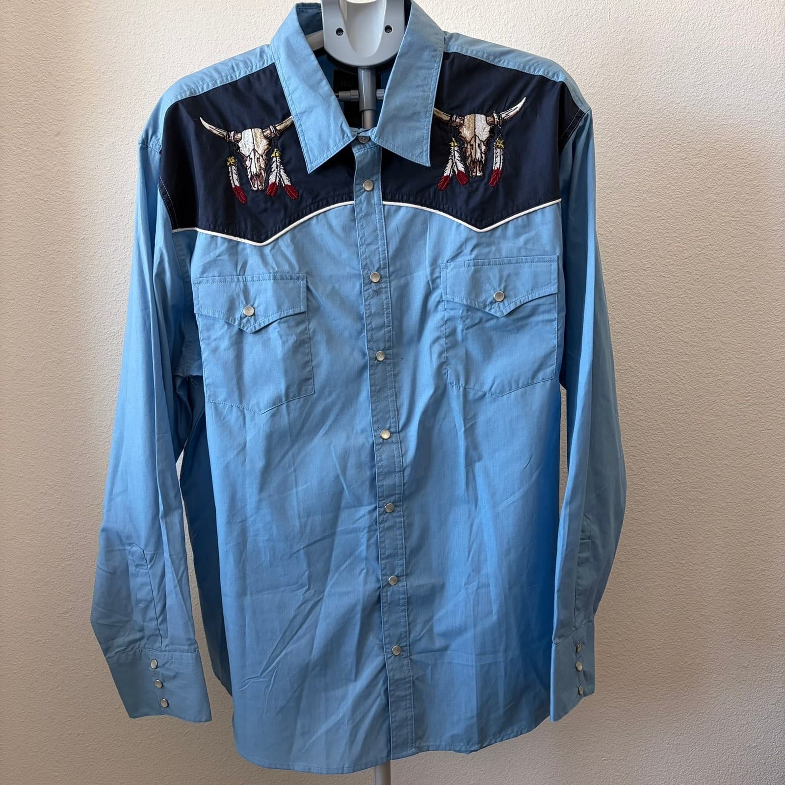 High Noon Western Snap Shirt Mens 2XL Blue Embroidered Bull Skull Long Sleeve