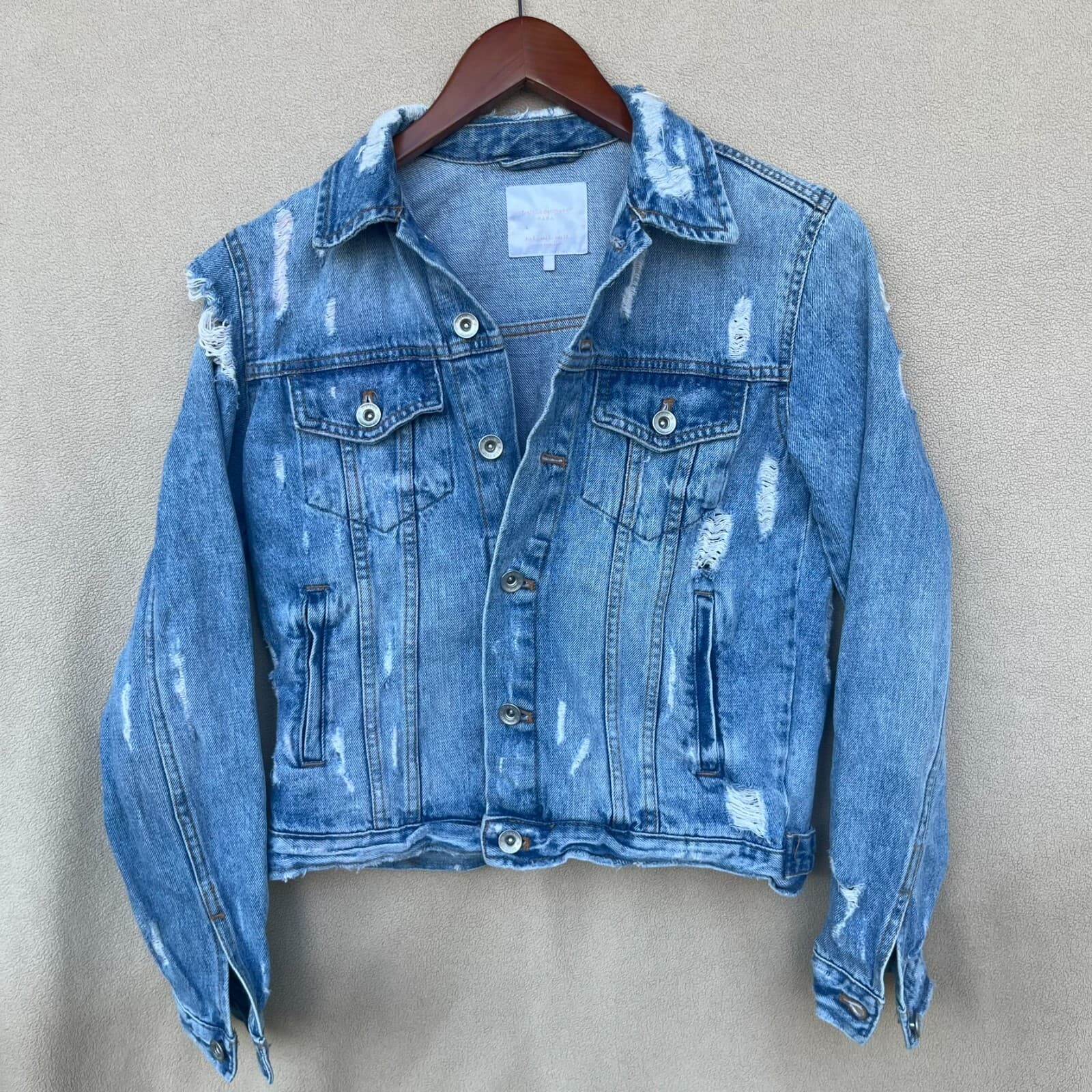 Zara Women's Trafaluc Denim Wear Distressed Ripped Jean Trucker Jacket Up SMALL