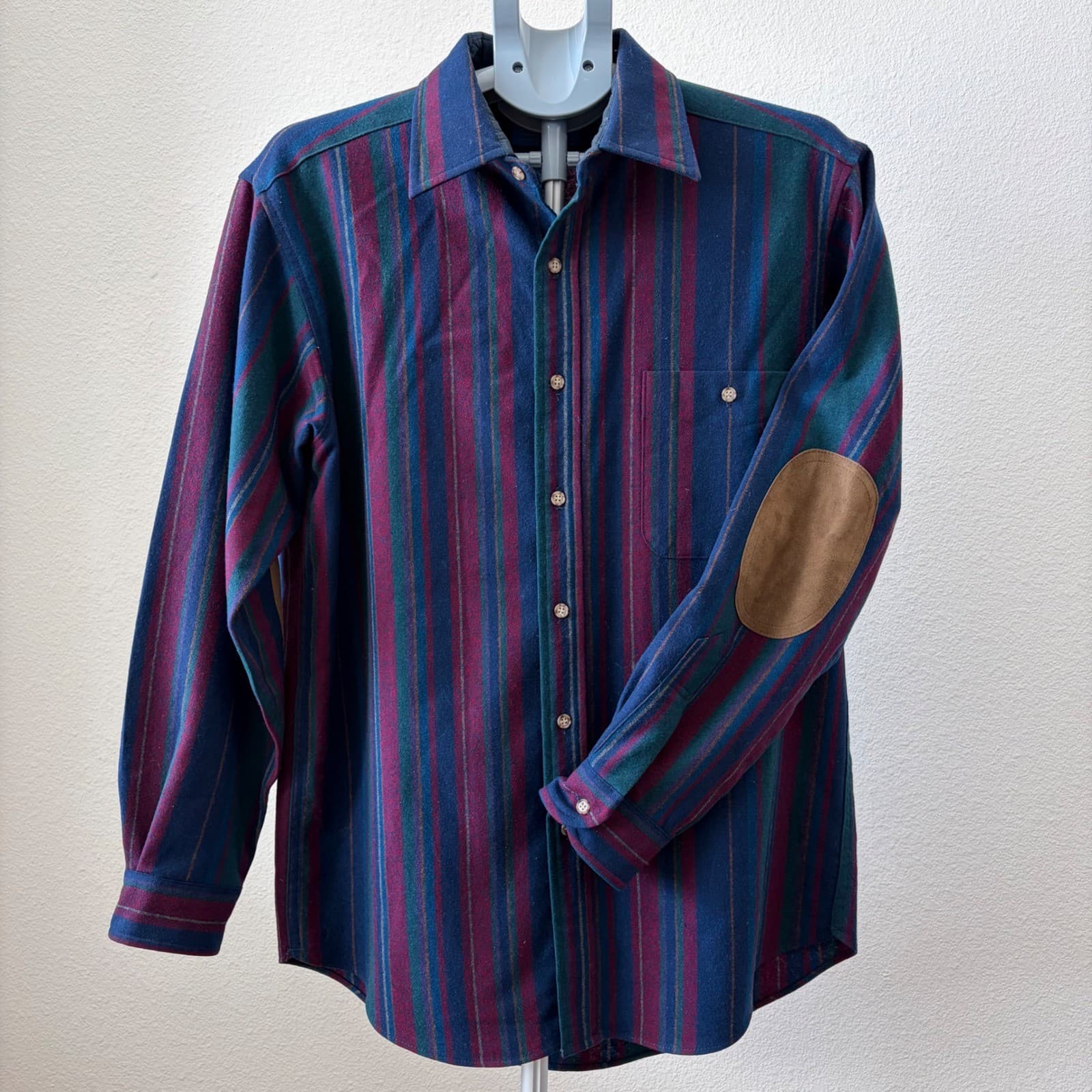 Vintage Pendleton Wool Stripe Shirt Mens Medium Blue Green Elbow Patches USA