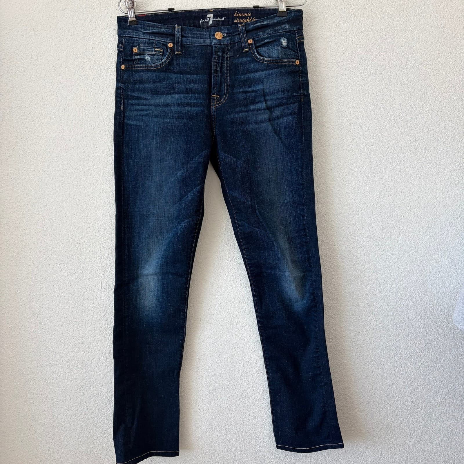 7 For All Mankind Kimmie Straight Leg Jeans Women 30 Dark Blue Distressed Denim