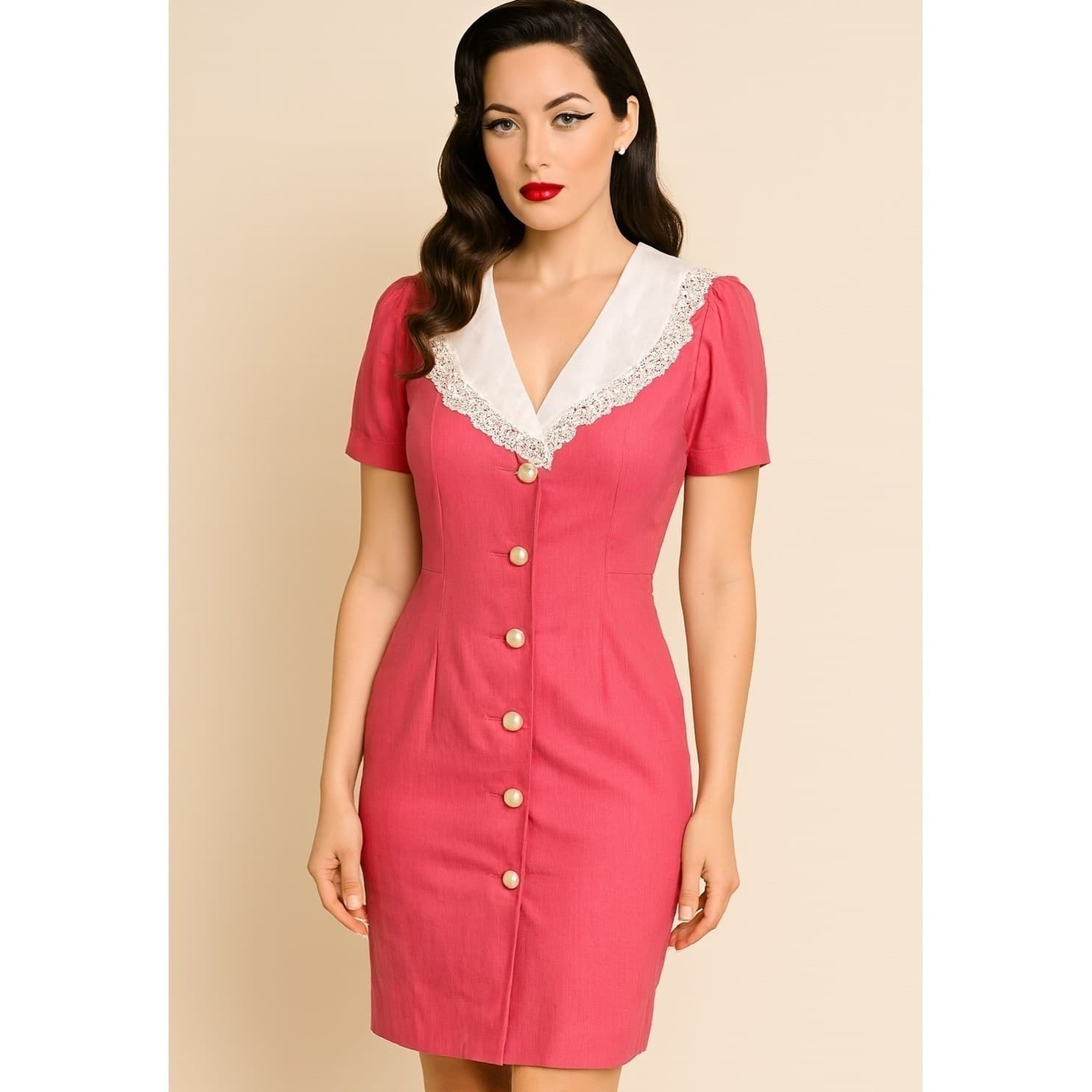 Young Edwardian Vintage Pink Lace Collar Button Front Mini Dress Size 13 Pin Up